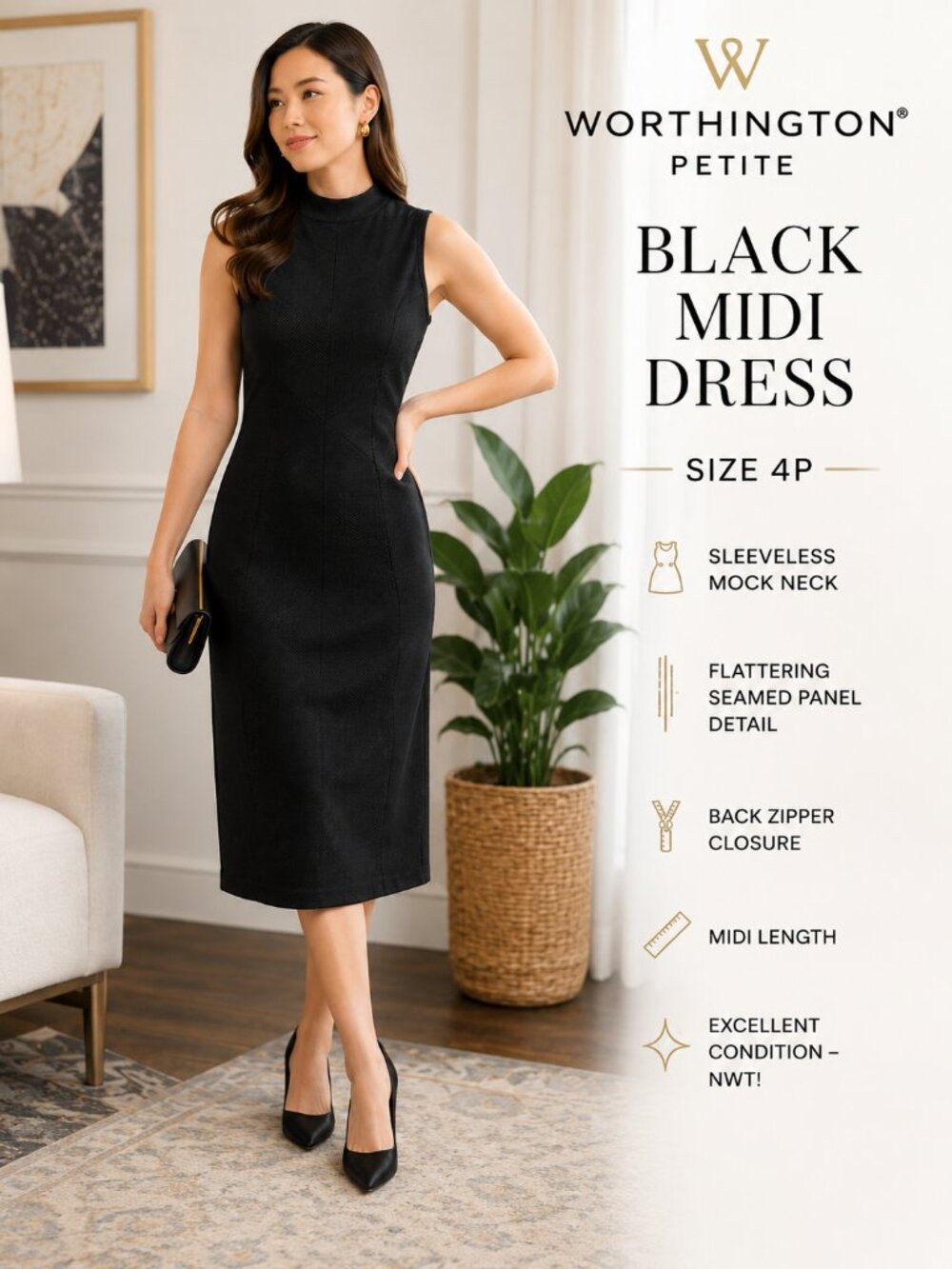 Worthington Petite Black Sleeveless Mock Neck Midi Dress Size 4P NWT